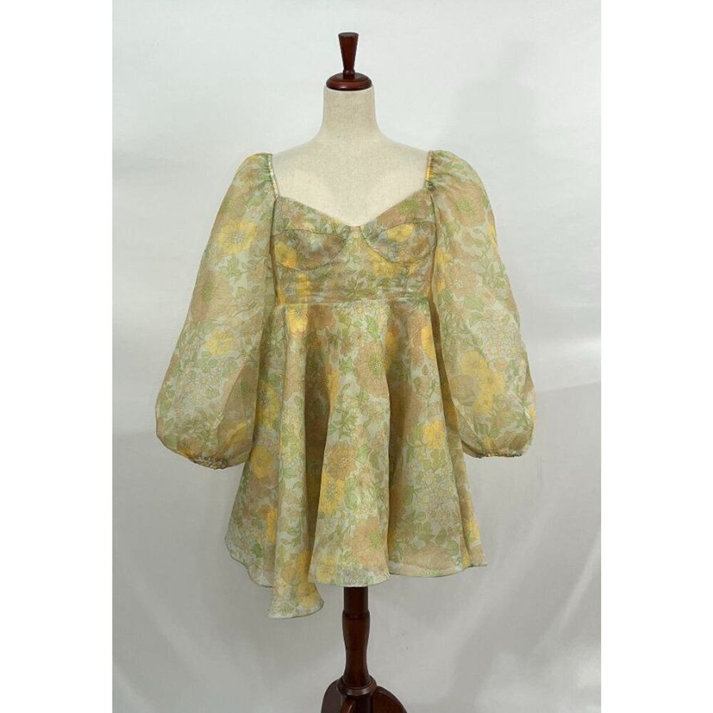 Selkie Pale Yellow & Mint Green Retro Floral Puff-Sleeve Mini Dress - Picture 8 of 12